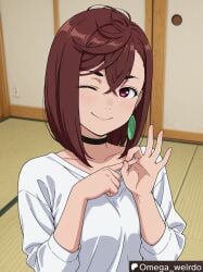 1girl 1girl1boy ai_generated ayase_momo brown_hair choker dandadan earrings gesture looking_at_viewer medium_breasts medium_hair momo_ayase omega_weirdo patreon red_eyes sex_gesture shirt smile smiling_at_viewer tatami tatami_room wink