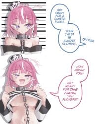 1girls breasts camila_(vtuber) clothed clothed_female clothing color comic criminal dialogue elf_ears english_text female female_focus female_only flashing flashing_breasts flat_chest light_skin looking_at_viewer open_eyes open_mouth pink_hair purple_eyes simple_background text twitter_link virtual_youtuber vtuber white_background