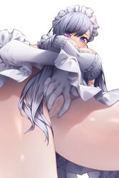 absurdres azur_lane bangs belfast_(azur_lane) blush breasts commentary_request elbow_gloves female from_below gloves highres large_breasts looking_down maid maid_headdress panties purple_eyes pussy_peek sheer_panties silver_hair solo spread_pussy_under_clothes swept_bangs thighs underwear upskirt white_background white_gloves yin-ting_tian