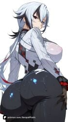 1girl ai_generated arlecchino_(genshin_impact) artist_name ass ass_focus ass_grab bangs black_eyes black_gloves black_hair breasts cameltoe closed_mouth covered_nipples from_behind genshin_impact gloves grabbing_own_ass hair_between_eyes hoyoverse huge_ass large_breasts long_hair long_sleeves looking_at_viewer looking_back multicolored_hair pants patreon ponytail questionable red_pupils senpai_pixels simple_background solo streaked_hair symbol-shaped_pupils thighs two-tone_hair wet wet_clothes white_background white_hair x-shaped_pupils