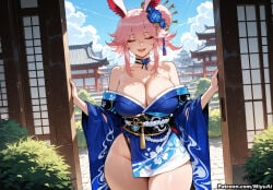 1girl ai_assisted ai_generated animal_ears bangs bare_shoulders blue_kimono blue_sky blush breasts cleavage closed_eyes collarbone curvaceous curvy curvy_female curvy_figure female flower fox_ears hair_flower hair_ornament honkai_(series) honkai_impact_3rd japanese_clothes kimono large_breasts miyuai obi open_mouth pink_hair sash short_kimono sky smile solo tamamo_(fate)_(all) thick thick_ass thick_butt thick_hips thick_legs thick_thighs thighs voluptuous voluptuous_female wide_hips wide_sleeves wide_thighs yae_sakura