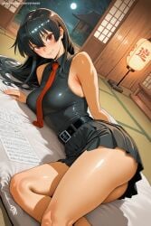 1girl ai_generated akame_(akame_ga_kill!) akame_ga_kill! ass bare_shoulders belt black_hair blush breasts hi_res high_quality high_resolution large_breasts long_hair looking_at_viewer lying necktie on_side paper patreon red_eyes savvyraexo seductive sexy shiny shiny_skin sleeveless smile solo thighs uncensored watermark