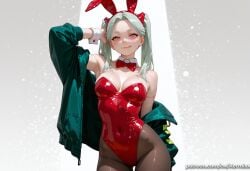 1girl :q ai_generated animal_ears arm_up armpits artificial_eye bare_shoulders bow bowtie breasts brown_pantyhose cleavage closed_mouth covered_navel cowboy_shot cyberpunk:_edgerunners detached_collar fake_animal_ears green_eyes green_hair hairband highleg highleg_leotard jacket kermixx leotard licking_lips long_hair looking_at_viewer mechanical_eye medium_breasts neck_tattoo off_shoulder open_clothes open_jacket pantyhose patreon_username playboy_bunny rabbit_ears rebecca_(edgerunners) red_bow red_bowtie red_leotard red_pupils smile solo strapless strapless_leotard tattoo thigh_gap tongue tongue_out twintails wrist_cuffs