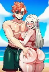 ai_generated angry beach bulge cocky edelgard_von_hresvelg fire_emblem fire_emblem:_three_houses groping groping_ass huge_bulge large_ass large_breasts large_penis questionable_consent skimpy_clothes sunglasses swimwear sylvain_jose_gautier