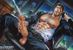 1boy abs after_sex ai_generated bara baroxen bed biceps big_chest bleach chest clothed cum cum_inside daddy dilf gay hair hairy_male kyoraku_shunsui kyouraku_shunsui lying_on_back male male/male male_only manly masturbation mature much_cum muscular night nipples only partially pecs pectorals solo testicles yaoi