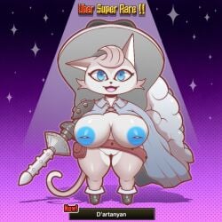 1:1 2024 anemonemisc animal_humanoid anthro armor belt_buckle big_breasts blue_eyes blue_nipples breasts buckle cape clothed clothing d'artanyan_(the_battle_cats) digital_drawing_(artwork) digital_media_(artwork) dildo_sword english_text facial_tuft felid feline felis female footwear fur genitals hair hat headgear headwear holding_melee_weapon holding_object holding_sword holding_weapon humanoid looking_at_viewer mammal melee_weapon metal_armor mostly_nude nipples partially_clothed pockets pussy shaded shoes simple_background solo sword tail text text_box the_battle_cats thick_thighs tuft weapon white_body white_fur