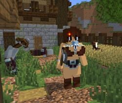 1boy 1girls axe barbarian between_breasts brown_hair cute cute_male end_rod family_guy_death_pose huge_breasts knocked_out milf mine-imator minecraft pillager_(minecraft) render size_difference small_male smaller_male tall_female taller_female vex_(minecraft) walking