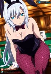 ai_generated big_ass big_breasts blue_eyes bunny_ears bunny_girl bunnysuit casino curvy curvy_figure female juanpiamvs la_folia_rihavein long_hair looking_at_viewer patreon patreon_username provocative silver_hair sitting sitting_on_table smiling strike_the_blood subscribestar subscribestar_username table watermark