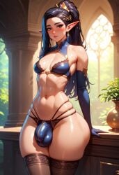 black_hair blush bulge bulge_through_clothing earrings elf elf_ears femboy flaccid gloves green_eyes lingerie panties ponytail small_breasts small_penis stockings