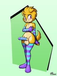 anthro armwear artie_the_dog balls blush canid canine canis clothing cock_sock domestic_dog elbow_gloves fan_character femboy footwear fourssss genitals gloves handwear hi_res looking_at_viewer male mammal mostly_nude penis penis_clothing programmer_socks purple_eyes sega socks solo sonic_the_hedgehog_(series) yellow_body