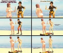 2girls 3d 3d_(artwork) clothed_male_nude_female comic dead_or_alive embarrassed_nude_female female female_focus female_only girl honoka_(doa) only_female overwatch ripped_pants spongebob_reference tracer wardrobe_malfunction