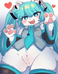 absurd_res anthro blue_eyes blue_hair blush bottomless bottomwear breasts clothed clothing convenient_censorship digital_media_(artwork) felid feline felis female fu_kawa_(artist) fur genitals hair hatsune_miku hi_res legwear looking_at_viewer mammal nude open_mouth paws pussy shirt shirt_only simple_background smile solo tail tail_censorship tongue topwear topwear_only vocaloid