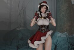 3d blender brown_hair christmas_clothing christmas_hat enigmaj final_fantasy final_fantasy_vii final_fantasy_vii_remake forest gloves light-skinned_female looking_at_viewer skirt snow sweater tifa_lockhart