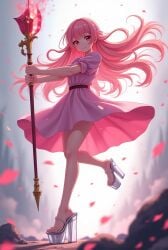 anime digital_art elegant_style enchanted_atmosphere expressive_eyes fantasy female floating_petals glowing_staff high_heels high_heels_pink magic_staff magical_power mystical_setting pink_dress pink_hair