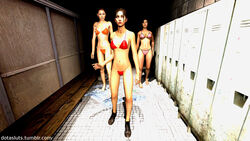 3d 3girls bikini breasts chell crossover dotasluts female lara_croft lara_croft_(survivor) left_4_dead left_4_dead_(series) portal_(series) tomb_raider tomb_raider_(survivor) zoey_(left_4_dead)