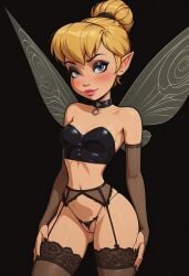 ai_generated bare_shoulders black_background black_nails blonde_hair blue_eyes blush bridal_gauntlets bun choker cleavage collar corset disney earrings eyelashes eyeshadow fairy fairyfella_(ai_generator) female garter_belt garter_straps hair_bun hairbun hairless_pussy hairtie half-closed_eyes hips hourglass_figure lace-trimmed_thighhighs lace_trim lingerie lips looking_at_viewer makeup mascara medium_breasts nail_polish narrow_waist navel panties parted_lips peter_pan_(disney) pointy_ears pussy seductive seductive_look seductive_smile strapless thighhighs thighs thong tinker_bell touching_leg touching_self touching_thigh wings