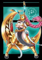 1girls armor armored_female armored_gloves bandai_namco braided_hair braided_ponytail breasts breasts_out bunny_ears bunny_girl bunny_tail cheongsam curvy curvy_female curvy_figure detailed_background dialogue dialogue_box dialogue_bubble digimon digimon_(species) female female_focus female_only gauntlets giant_weapon gold_armor gold_bikini gold_gauntlets helmet hips hips_wider_than_shoulders japanese_text jougamon large_breasts long_hair looking_at_viewer pink_hair ponytail rabbit_ears rabbit_girl rabbit_tail rabbitsrapid shiny_clothes shiny_skin smile solo solo_female solo_focus text text_bubble thick thick_thighs thighhighs thighs translation_request weapon wide_hips wide_thighs