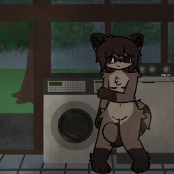 1:1 anthro appliance brown_body brown_fur chest_scar diver_(fizzy_pop_ex) dryer exhibitionism female fizzy_pop_ex floor fluffy fur genitals hand_on_shoulder hi_res laundromat laundry_machine leg_tuft mammal nonbinary_(lore) nude paws plant procyonid pussy raccoon raccoon_tail scar solo thigh_tuft tile tile_floor trans_(lore) tree tuft washing_machine worried