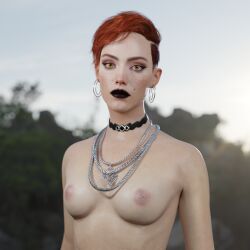 1girls 3d atlmaster aurore_cassel black_lipstick choker cyberpunk_2077 earrings hoop_earrings looking_at_viewer mole mole_above_mouth necklace punk_girl red_hair short_hair sidecut small_breasts solo tagme yellow_eyes