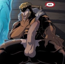 balls bara big_balls big_penis boner costume erection huge_cock male male_only marvel marvel_comics muscles muscular penis penis_out ripped_clothing ripped_costume sabretooth sitting solo solo_male speech_bubble tongue_between_fingers victor_creed vvulfbara x-men