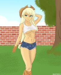 1girls applejack_(eg) applejack_(mlp) arm_behind_head blonde_female blonde_hair cowboy_hat cowgirl daisy_dukes denim denim_shorts deviantart_link emotionless emotionless_female equestria_girls female glove green_eyes hasbro hat long_hair minishorts my_little_pony sarahthefox97 short_shorts shorts solo underboob