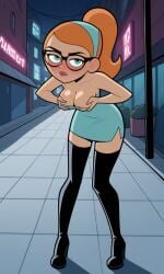 ai_generated ass bigmic145 blue_eyes breasts danny_phantom dress female glasses hair_band jazz_fenton medium_breasts nickelodeon nude orange_hair ponytail sex sexually_suggestive stripping thigh_boots