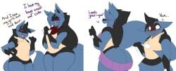 anthro ass ass assisted_exposure big_butt blush bodily_fluids breasts butt_cleavage canid canine clothing dart(dewwydartz) dart_(dewwydarts) dewwydarts dewwydartz drooling duo english_text female flat_chest fluffy_tail furry game_freak generation_4_pokemon hourglass_figure lucario male mammal may_(dewwydarts) may_(dewwydartz) meme meme_clothing nintendo pokemon pokemon_(species) raised_tail saliva simple_background sweater tail text thick_thighs topwear virgin_killer_sweater white_background wide_hips