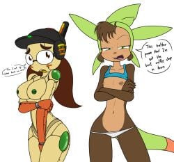 2017 al-x android anthro big_breasts blush breasts brown_body brown_eyes brown_fur brown_hair buckteeth chespin clothed clothing crop_top crossed_arms curvy_figure dialogue digital_media_(artwork) duo embarrassed english_text eyelashes female fingers fur generation_6_pokemon green_body green_eyes green_skin hair hat headgear headwear hi_res humanoid leina_(sandwich-anomaly) looking_at_viewer machine mammal multicolored_body multicolored_fur multicolored_skin navel nintendo nipples nude open_clothing open_topwear panties panties_down partially_clothed pokemon pokemon_(species) robot robot_humanoid sandwich-anomaly shirt simple_background talking_to_viewer tan_body tan_fur teeth text thick_thighs tongue topwear underwear underwear_down voluptuous white_background wide_hips yellow_body yellow_skin