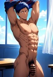 abs ai_generated aomine_daiki daiki_aomine dark-skinned_male dark_blue_hair kuroko's_basketball kuroko_no_basuke male male_focus muscular_male naked_male pecs pectorals penis pubic_hair short_hair tan_body