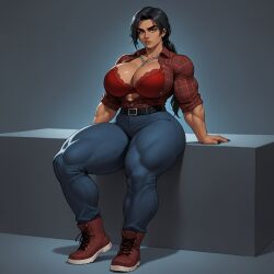 1girls abs ai_generated belt biceps big_breasts black_hair black_nails boots bra breasts bushy_eyebrows button_down_shirt chains female female_focus female_only flannel flannel_shirt genocide_nutter hands_on_surface huge_breasts jeans julia_santos leaning_back leaning_on_object lips long_hair looking_at_viewer muscles muscular muscular_arms muscular_female muscular_legs muscular_thighs original_character padded_bra pants ponytail shirt shirt_open sneakers solo solo_female solo_focus tan-skinned_female tan_skin thick_thighs thighs tight_clothing tight_jeans tight_pants tired_expression tired_eyes tomboy wavy_hair yodayo