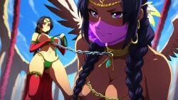 2girls ai_generated big_breasts captured dark-skinned_female dark_skin duo fantasy female/female harpy harpy_girl large_breasts mouth_veil mullon nameless_character nipples novelai original slave smile wide_hips wings yuri