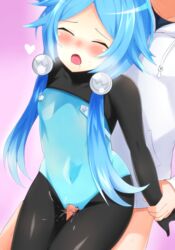 1boy blue_hair blush bodysuit censored closed_eyes female heart highres looking_at_viewer neptunia_(series) next_white open_mouth penis sex shironeko_haru solo_focus straight symbol-shaped_pupils vaginal_penetration white_heart