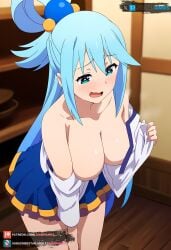 ai_generated aqua_(konosuba) aqua_eyes bare_chest big_ass big_breasts blue_hair blush female hair_ornament juanpiamvs kono_subarashii_sekai_ni_shukufuku_wo! konosuba long_hair open_clothes open_mouth patreon patreon_username smiling standing subscribestar subscribestar_username undressing watermark