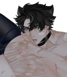 bite_mark face_closeup gay genshin_impact hickey licking male_only neuvillette_(genshin_impact) no_visible_genitalia thigh_grab thighhighs thighs wriothesley_(genshin_impact) yaoi