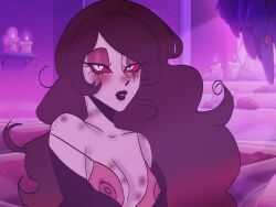 bite_mark blush breasts demon female hair hazbin_hotel nipples partially_clothed red_eyes roo_(hazbin_hotel) saliva sinfilledangels solo