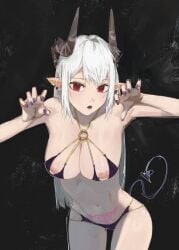 absurdres arknights bikini black_background black_horns breasts cowboy_shot cupless_bikini demon_girl demon_horns demon_tail earrings female highres horns jewelry long_hair looking_at_viewer monmon_(sleepymonmon) mudrock_(arknights) nail_polish nipple_cutout nipples o-ring o-ring_top open_mouth pointy_ears purple_nails red_eyes simple_background solo swimsuit tail underwear underwear_only