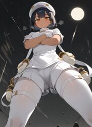 aether_foundation_employee ai_generated arms_crossed cute_girl dark-skinned_female dominant_female emotionless emotionless_female femdom from_below genshin_impact looking_down looking_down_at_viewer low-angle_view uniform