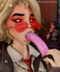 1girls 2girls 3d blender blender_(software) blenderanon_ blonde_hair blurry_background blush blushing_at_viewer blushing_female cross_pupils dildo dildo_gag dildo_in_mouth dildo_under_mask drool_on_dildo drool_string drooling female fortnite fortnite:_battle_royale glasses glowing_eyes hair_accessory hair_ornament helsie_(fortnite) holding_dildo joni_(fortnite) licking looking_at_viewer looking_pleasured mask masked masked_female multicolored_hair red_eyes shiny_skin solo solo_focus spit sucking sucking_dildo sweat sweatdrop sweating sweaty tagme tongue tongue_out twitter_username watermark