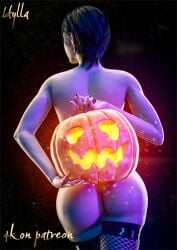 1girls 3d 3d_(artwork) ada_wong ass capcom female female_focus female_only hi_res high_resolution highres idylla jack-o'-lantern large_ass pumpkin resident_evil short_hair simple_background solo solo_focus thighhighs