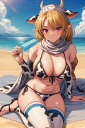 1girls ai ai_generated ai_hands beach blonde_female blonde_hair blonde_hair blonde_hair_female blue_popsicle braided_ponytail breasts cow_bikini cow_bra cow_ears cow_girl cow_horns cow_pattern_bikini cow_print_armwear cow_print_bikini cow_print_bra cow_print_legwear female female_focus female_only headwear hylian_ears looking_at_viewer navel nintendo ocarina_of_time pointy_ears popsicle quinzo11 red_eyes sandals scarf self_upload sheik sitting sitting_female sitting_on_ground the_legend_of_zelda the_legend_of_zelda:_ocarina_of_time water white_scarf