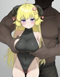 1boy 1boy1girl ai_generated arm_around_shoulder arms_behind_back black_leotard black_skin blonde_hair blush breast_grab cuckold dark-skinned_male faceless_male female hair_ornament hairclip interracial large_breasts leotard long_hair looking_at_viewer purple_eyes ribbed_leotard sheep_girl sheep_horns size_difference smug standing straight straight-on sweatdrop tsunomaki_watame