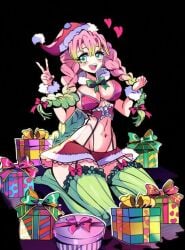 big_breasts christmas_lingerie demon_slayer green_stockings hfxpins kanroji_mitsuri kimetsu_no_yaiba lingerie pink_hair pink_lingerie presents santa_costume santa_hat