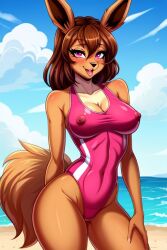 ai_generated brown_hair eevee furry_female pink_eyes pokemon pokemon_(species) swimsuit