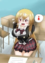 1girls blonde_hair breasts classroom girigiri_out hand_between_legs have_to_pee large_breasts long_hair memoire miyagase_hana open_mouth pee_holding red_eyes school_uniform skirt sweat tongue