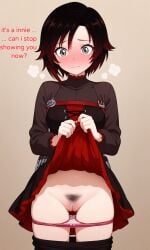 ai_generated embarrassed embarrassed_expression flashing_pussy innie_pussy lonelylady multicolored_hair panties_down pubic_hair ruby_rose rwby silver_eyes skirt_lift