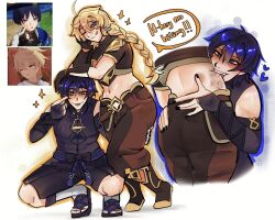 aether_(genshin_impact) big_ass bite bite_mark eeikoko eikoko gay genshin_impact hoyoverse mihoyo scaramouche_(genshin_impact) speech_bubble thick_thighs wanderer_(genshin_impact)