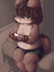 2018 53_(artist) anthro bed blush brown_fur brown_hair brown_nose bulge buttplug canine canine clothed clothing eyewear fur glasses green_eyes hair inside kemono male mammal navel pawpads paws penis_outline sex_toy sitting slightly_chubby solo tissue tissue_box topless