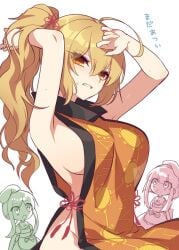 3girls armpits arms_up blonde_hair breasts clenched_teeth long_hair naked_tabard nishida_satono okina_matara ponytail sideboob surprised teireida_mai touhou