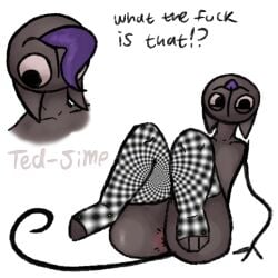 ambiguous_gender anus ass big_butt brown_body brown_skin english_text humanoid long_socks noodle_arms not_furry profanity purple_tongue red_anus simple_background solo tagme tail ted-simp text thin_tail tongue unknown_species what what_the_fuck_is_that!?_(ted-simp) white_background