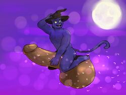 2018 absurd_res alexyorim dildo feline full_moon furry green_eyes hat hi_res humanoid_penis male_only mammal moon penis purple_background sex_toy simple_background smile sparkles witch_hat